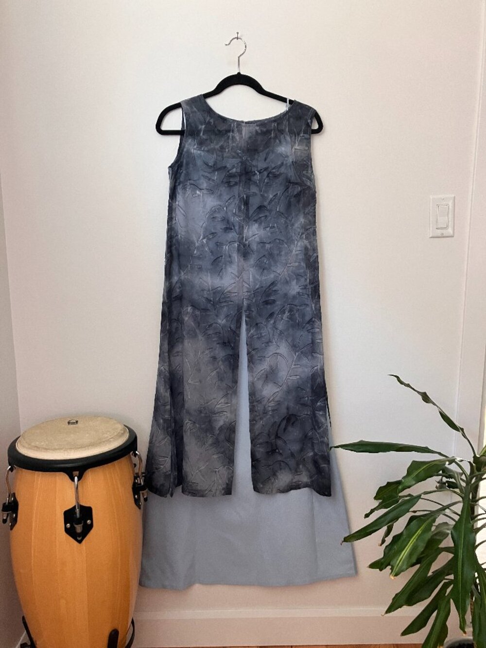Handmade Layered Maxi Dress | Watercolour Leaf Print | Sheer Overlay | Powder Bl